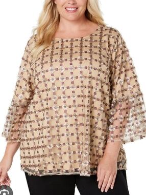 NWT Calvin Klein Beige and Purple Embroidered Bell-Sleeve Blouse Size 3X